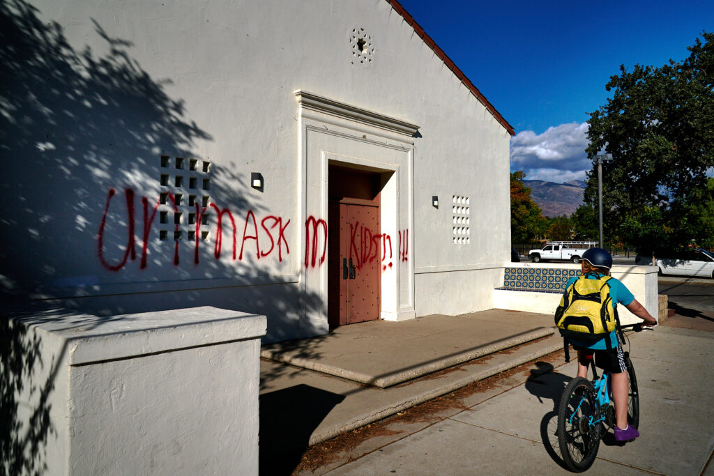 Unmask my kids!. Covid, anti mask, education, reportage, pandemic, parents, political, political violence, school, vandalism.