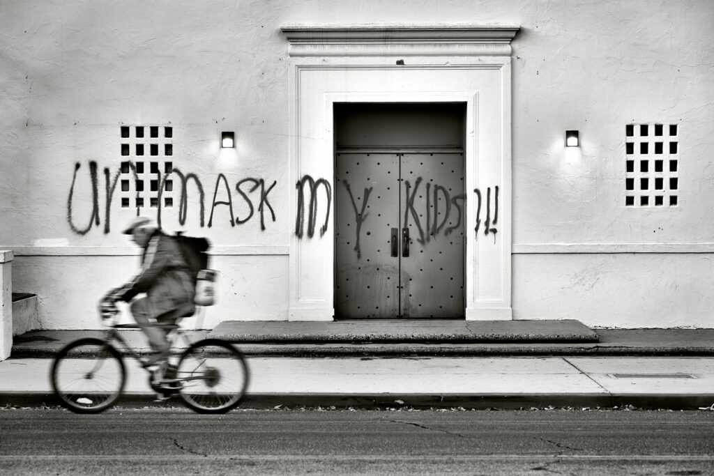 Unmask my kids!. Covid, anti mask, education, reportage, pandemic, parents, political, political violence, school, vandalism.