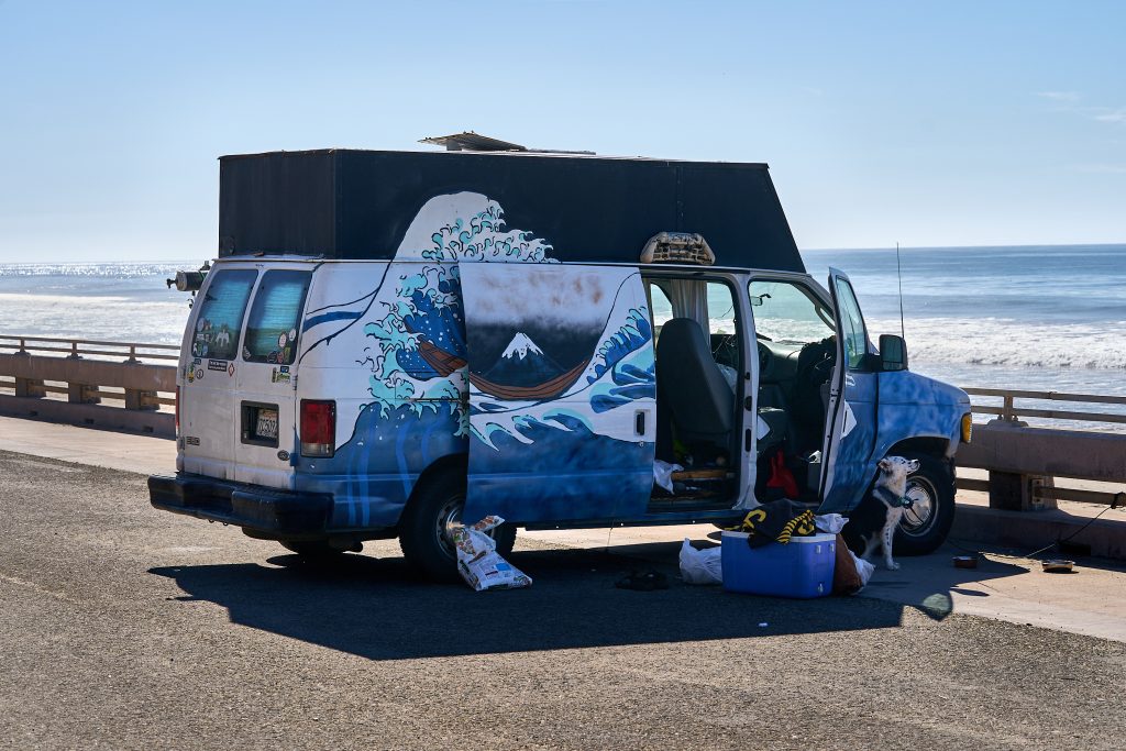 Kanagawa Van. RV, automotive, beach, camper, dog, trailer, vehicle, vintage, vintage trailer, van conversion, camper van, The Great Wave, art, painting.