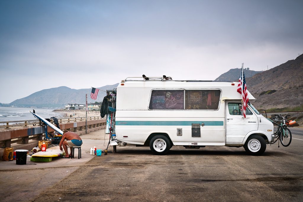 Surfer RV. RV, coastal, surfer, american flag, coronavirus pandemic, political, anti pharma, anti mask, anti vaccine, guy fawkes mask, surf culture.