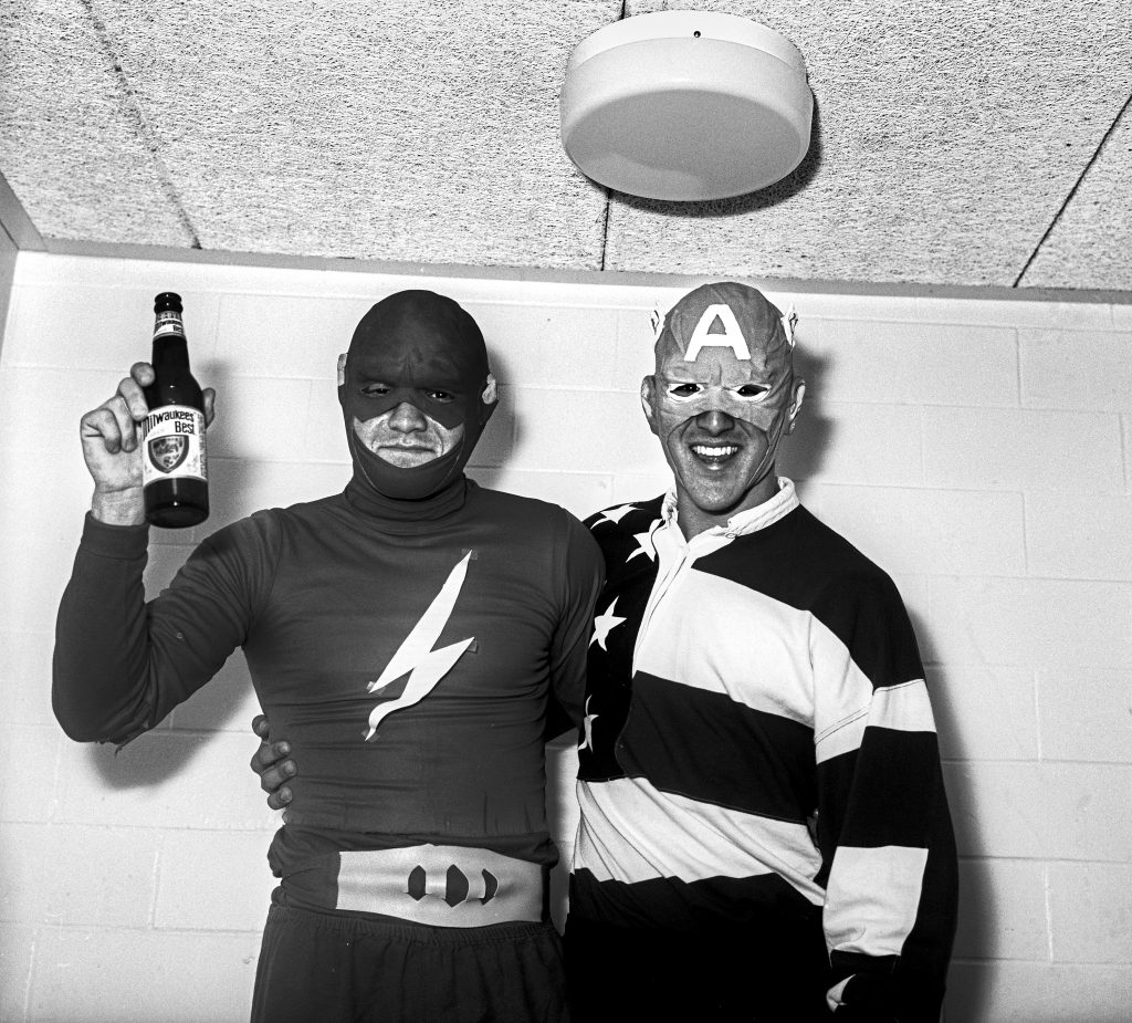 Super Heroes. halloween, costume, beer, Milwaukees Best, americana, college, captain america, flash, street.