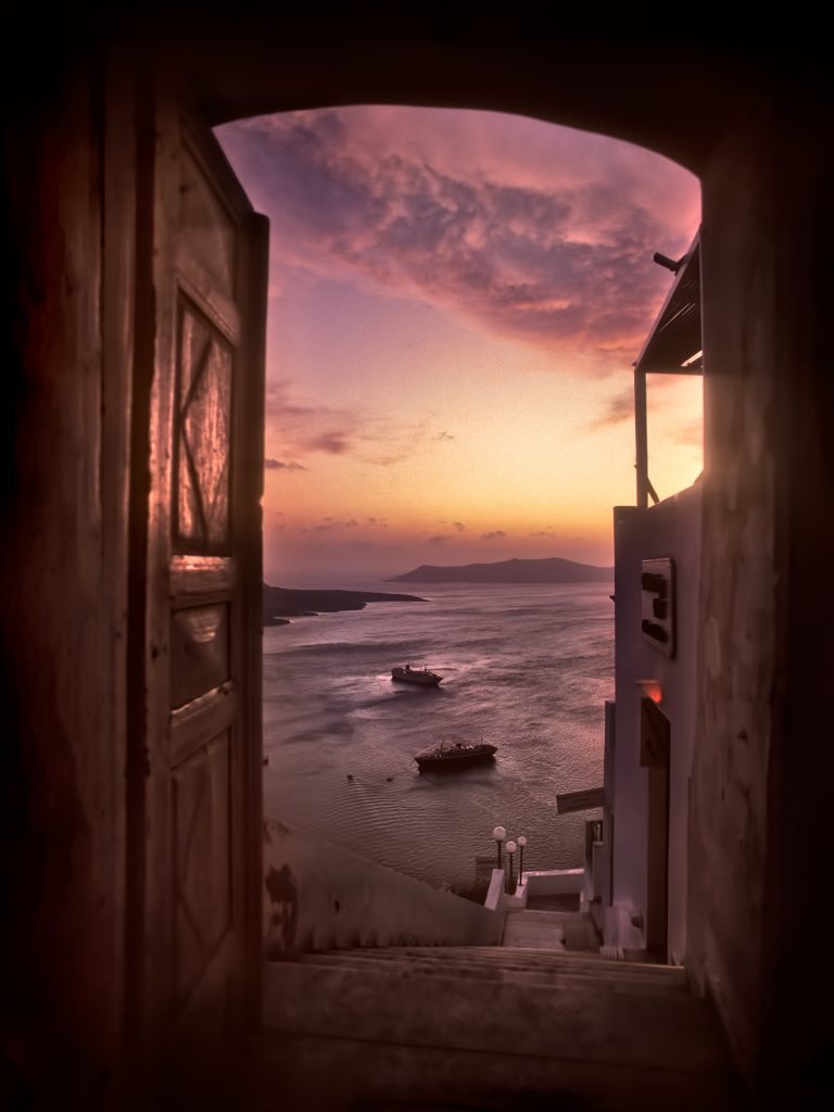 Santorini Doorway. cruise, cruise ship, door, doorway, travel, greek island, sunset, tourism.