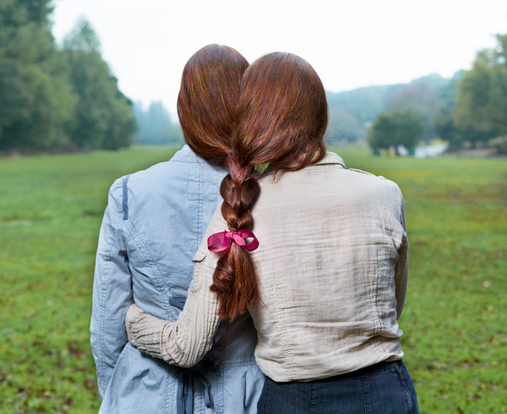 Hair Braided Together. women, hair, braid, ribbon, twins.
