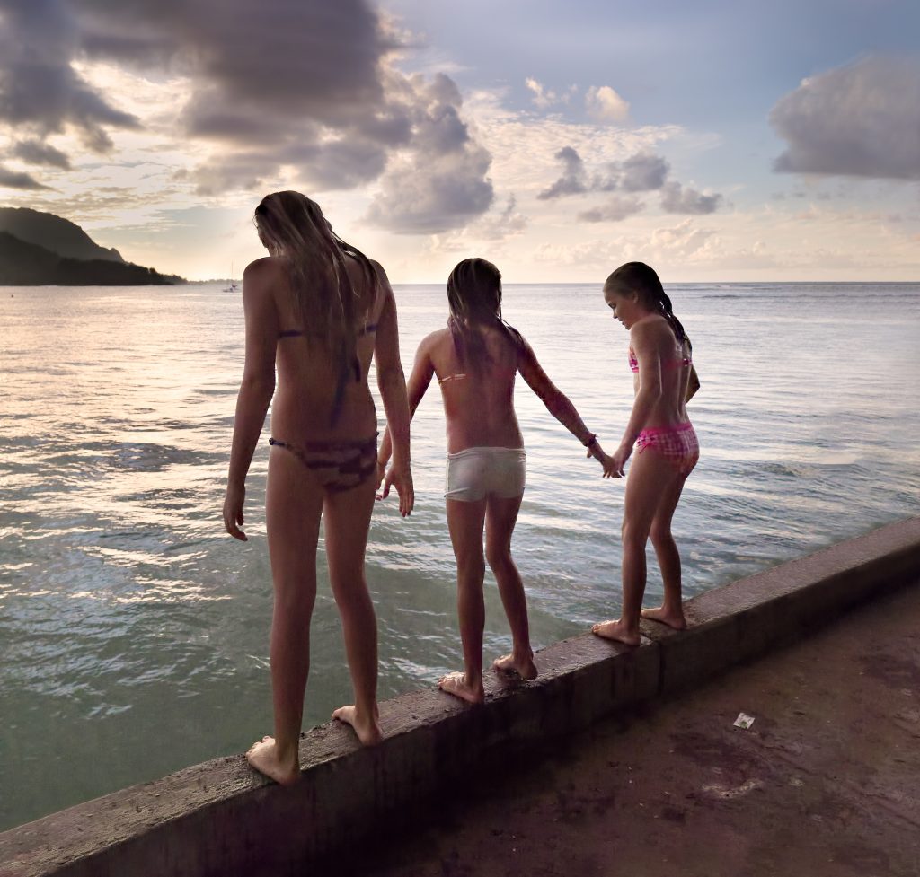 Girls Leap. friends, girls, moody, ocean, pier, right of passage.