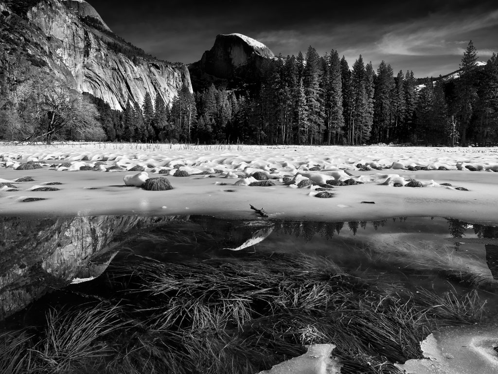 Yosemite Frozen Valley. landscape, national park, winter, frozen, snow, drama, mountain, El Capitan.