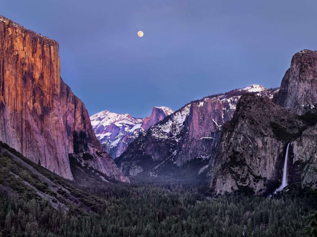 Yosemite Valley Moon. moon, moonrise, national park, waterfall, snow, trees, cliffs, El Capitan, Half Dome.