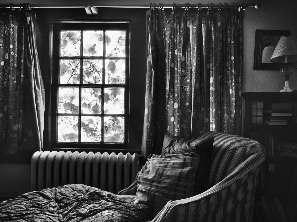 French County Room. window, chair, country, hotel, radiator, cozy, curtains.