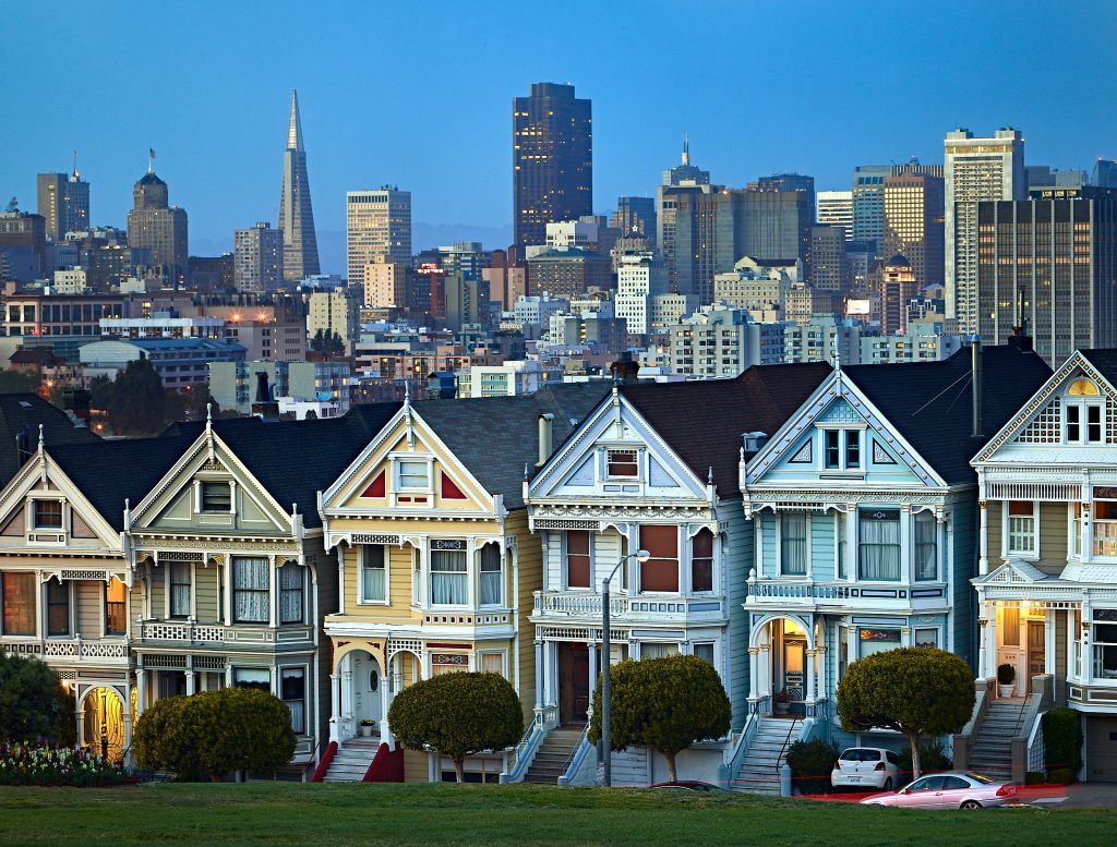 Victorian Homes at Alamo Square. victorian, architecture, landscape, row houses, homes, cityscape, urban, transamerican building, landmark.