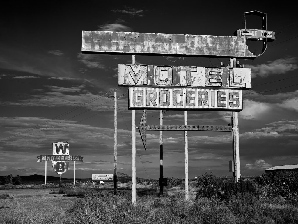 Whiting Brothers Sign. abandoned, americana, landscape, Whiting Brothers, route 66, service station, sign, groceries, motel, cloudscape, clouds.