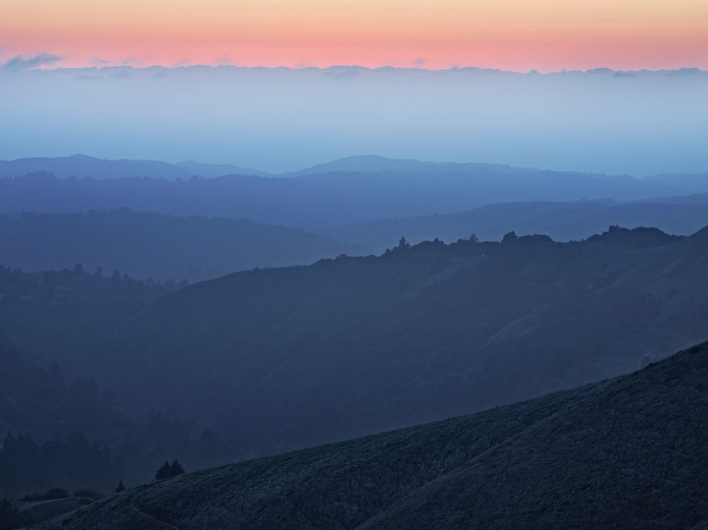 Russian Ridge. landscape, hills, ridge, sun, blue hour, dusk.