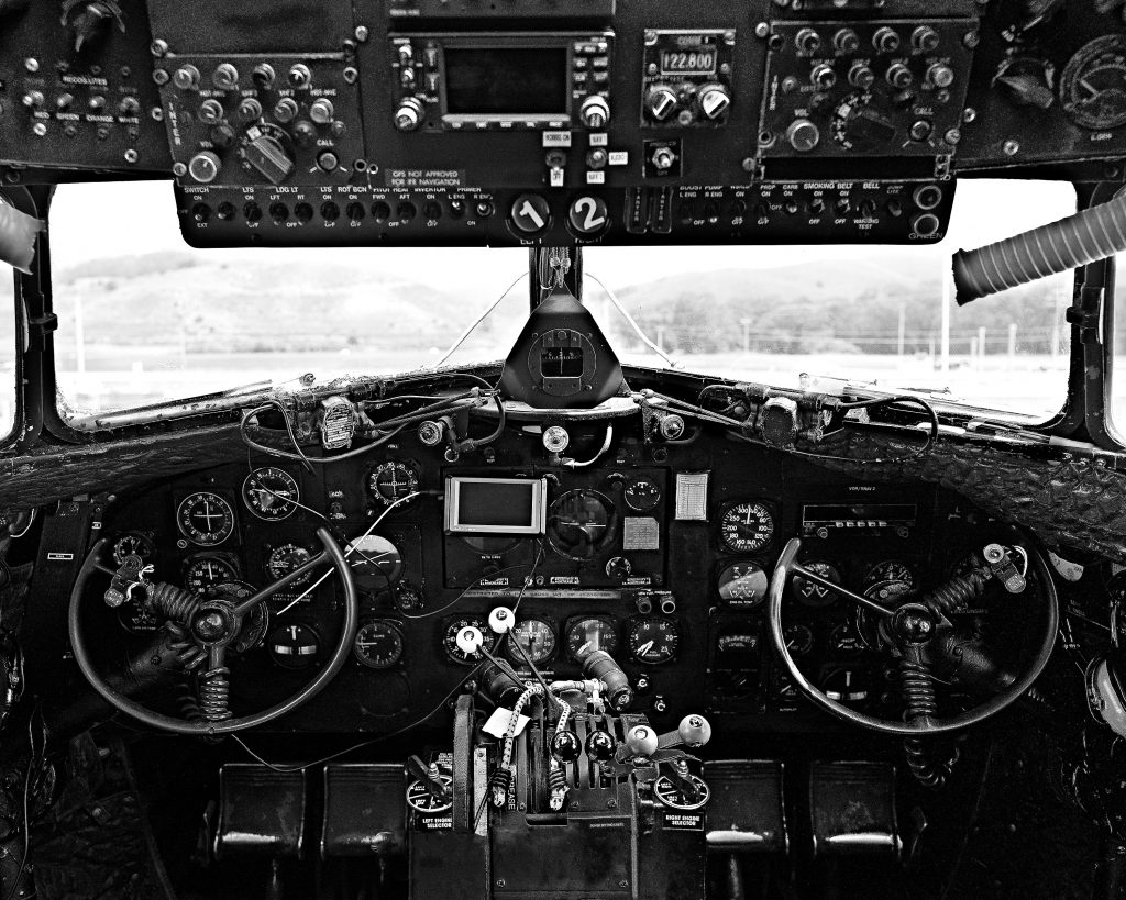 Douglas C-47B Cockpit. WWII, aircraft, cockpit, dials, guages, vintage aircraft, vintage airplane, yoke, vintage.